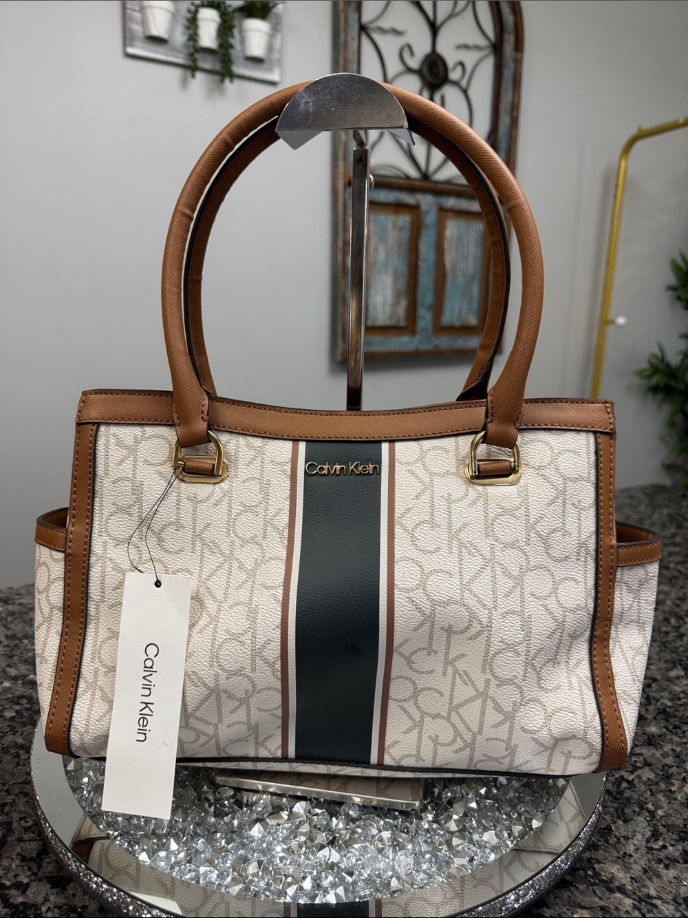 Calvin Klein Cream Monogram Satchel with Brown Trim and Dark Green Stripe NEW